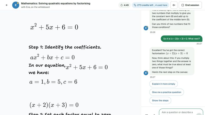 Ene, the Tutorviq AI tutor, working through a maths question with a student on the whiteboard.